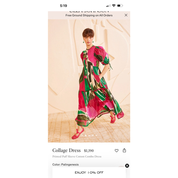 Ulla Johnson Pink and Green Collage Puff Sleeve Dress Size 8 - Picture 4 of 14